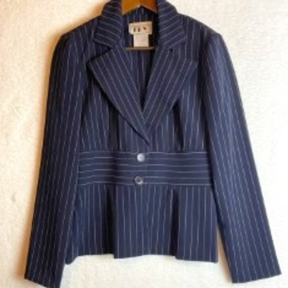 DBY LTD JUNIOR/WOMENS NAVY PENCIL STRIPED JACKET SIZE 7/8